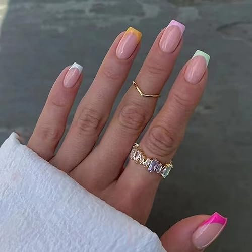 24PCS False Nails Short - Square Short Stick on Nails - Cute Rainbow Tips False Nails with Glue - Natural Full Cover False Nail Tips Artificial Finger Manicure for Women and Girl