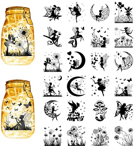 CREATCABIN 24 Stück Feen-Silhouetten,Einmachglas-Dekor,Engel,Laterne,Laserausschnitte,Ornamente,Löwenzahn,Mond,Sammelalbum Für Milchglas,Wand,Autos,Basteln,Weihnachten,Schwarz,10x9cm(Ohne Aufkleber)