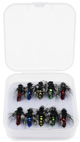 10 Stück Kunstköder zum Fliegenfischen, Kunstköder, zum Angeln auf Forelle, Bar, Fliegen, Trocken, Fliegen, Nass, Banderolen, Nymphen, 10 x 15 mm