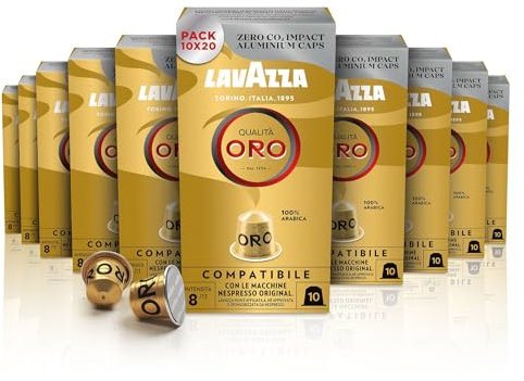 Lavazza, Qualité Or, 200 capsules en aluminium compatibles avec les machines Nespresso Original, les notes fruitées et florales, 100 % Arabica, intensité 8/13, torréfaction claire, 20 boîtes de 10