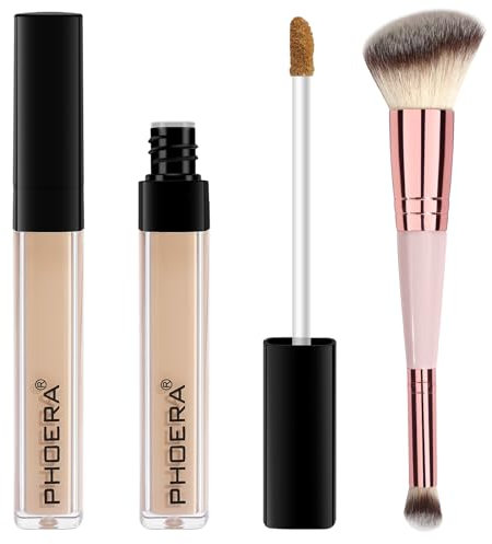 PHOERA Concealer, Lightweight, Full Coverage, Long Lasting, Corrects, Hydrates, Highlights, Matte Finish, All-Day Wear,with Concealer Brush (101#LIGHT)