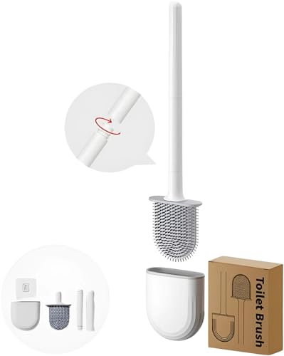 Escobilla y Portaescobilla Inodoro, Escobilla Baño, Cepillo y Soporte para WC, Cepillo Colgante Flexible, Limpiador de Cabeza Plana, Mango Largo, Limpieza de Baño Purificador, Silicona, Blanco