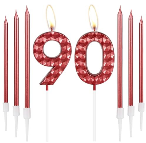 90th Birthday Decorations - Red Number 90 Candles, Happy Birthday Cake Topper for Women, Men, Parties & Weddings