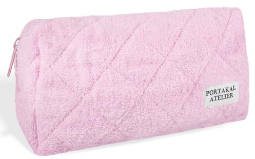 Kosmetiktasche aus Frottee | Quilted Makeup-Bag | Schminktasche | rosa, blau, orange, kariert | handgemachte Make Up Tasche | 25x11x10cm (Pink Dream)