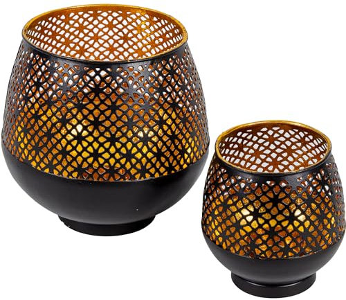 Gadgy Portacandele Nero Oro - Lanterne da Tavolo Set di 2 - Portacandele in Metallo con Ornamenti - Lanterna Decorativa in Metallo Nero - Decorazione da Tavolo Lanterna Nera - 10 x 9 cm & 16 x 15 cm