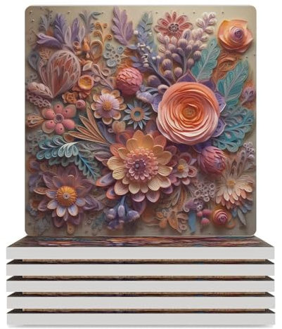 Untersetzer für Getränke, saugfähige Untersetzer, 4er-Set, mit Korkboden, bunte Reliefblumen, Keramik-Tassen-Untersetzer für Tischschutz, für Holztisch, Bar, Urlaub, Party