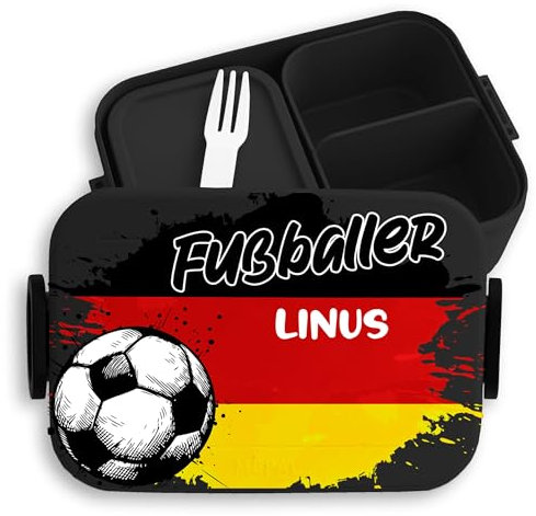 Kinder Bento Box Midi Lunchbox für Mepal Bentobox - 2024 Fußball EM Fanartikel - Fußballer Name mit Flagge Deutschland | Germany | Schwarz Rot Gold - 900 ml - Schwarz - fussball brotdose