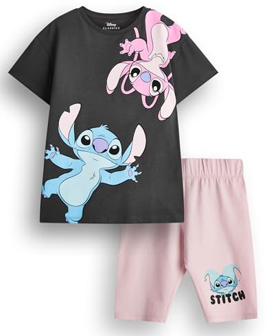 Disney Lilo & Stitch Mädchen T-Shirt & Shorts Set | Kinder Dunkelgrau Kurzarm Grafik T-Shirt & Rosa Radhose Komplettes Outfit | Stitch & Angel Bekleidungspaket | Filmserie Merchandise Geschenk