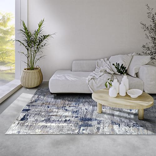 Elle Decoration Malard Teppich – Moderner Abstrakter Rutschfester Design Kurzflor Teppich für Schlafzimmer, Esszimmer, Wohnzimmer, Flur, Küche – Dunkelblau Beige, 120x160cm