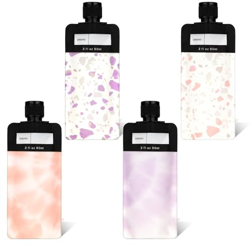 Aiyorse Reiseflaschen 4 Stück Nachfüllbare Leere Quetschbeutel 90ML Auslaufsichere Reiseflasche Set Travel Containers Leicht Nachfüllbare für Flüssiges Make-Up für Shampoo,Spülung-rosa,lila