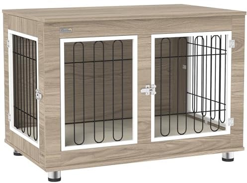 PawHut Cage pour Chien Meuble Cage Chien intérieur Table d'appoint Multi-usages avec Double Porte et Coussin - Niche pour Chien Moyenne et Grande Taille - 90 x 58 x 65 cm, Aspect Noyer