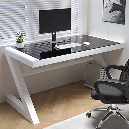 Scrivania per computer dal design moderno in vetro temperato con struttura in metallo a forma di Z, 119 cm, colore bianco e nero, ideale per studenti di scrittura, studio, giochi e postazioni di