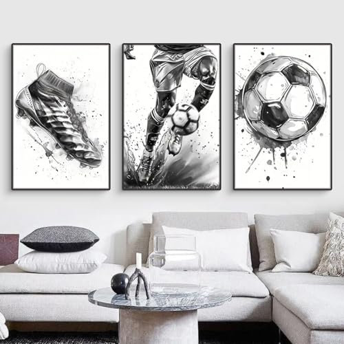 3er Wandbilder Set Schwarz Weiß Fußball Leinwand Kunst Bilder Modern Poster Kunstdruck Bild Wohnzimmer Schlafzimmer Wanddeko Ohne Rahmen (21×30 cm)