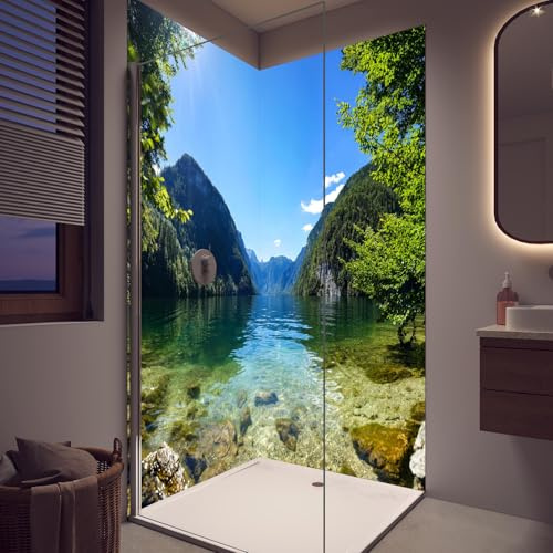 Duschrückwand Königsee & Berge in Alpen - Wandverkleidung für Dusche aus ALU Glanz 0,3 cm - fugenlos & wasserfest - einfache Montage - Rückwand Dusche 80 x 210 cm - RUECKWAND24