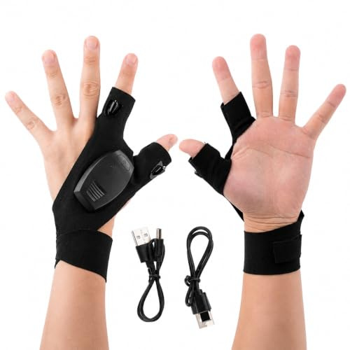 Hominas LED Gloves with Lights for Fishing Rechargeable Hands-Free Light Gloves with Finger LEDs One Size Fits All Birthday Gadgets Gifts for Men Running Camping Hiking Repairing