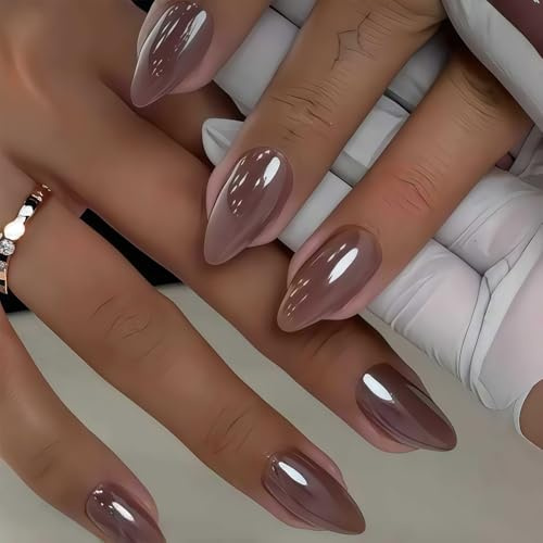 Cosblisvia 24 Stück Press on Nails, Nägel zum Aufkleben, Press on Nails Kurz Oval, Chrome Kunstnägel für Frauen, Mädchen für Party, DIY Maniküre (Braun)