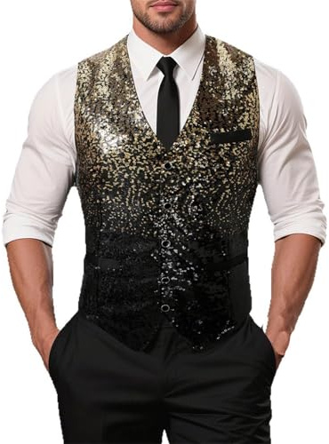 Glitzer Weste Herren Pailletten Weste V-Ausschnitt Ärmellos Glitzer Anzugweste Elegant Glänzende Jacke Oberteile Männer Glamour Glitzerweste Faschingskostüme Party Disco Karneval Kostüm