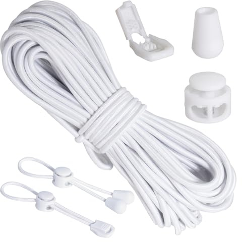 FamlTol Gummischnur 3mm 12m Set inkl. 60 Zubehör (20 Kordelstopper, 20 Seilklemmen, 20 Endkappen), elastische Gummikordel für Camping, Rucksack, Kleidung, Schuhe, DIY Reparatur (Weiß)