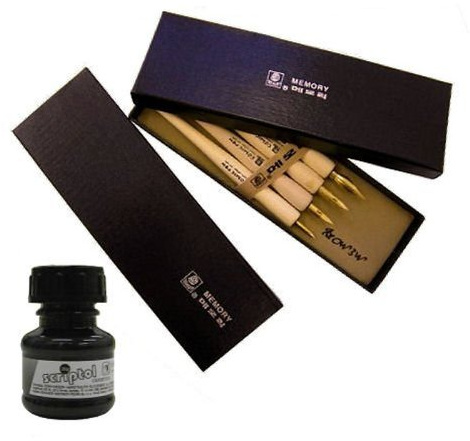 Zeichenfeder - Set Comic Pen, 12 - teilig (8 Federn, 4 Halter) inklusive 20 g schwarze Zeichentinte Scriptol