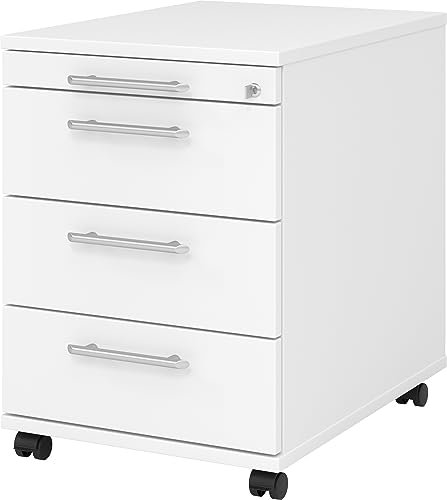 bümö Rollcontainer mit Schubladen, Container abschließbar aus Holz in Weiss - Rollwagen für's Büro als Schreibtisch Unterschrank, Bürocontainer od. Schreibtischcontainer mit Relinggriffe