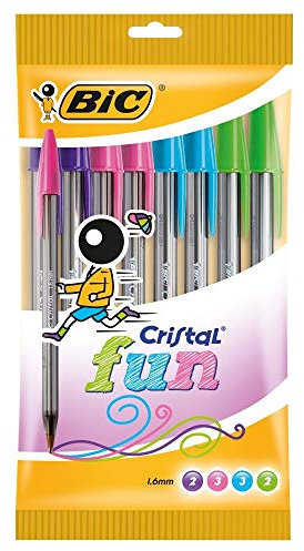 BIC Cristal Fun bolígrafos Punta Ancha (1,6 mm) – colores Surtidos, Blíster de 10 unidades