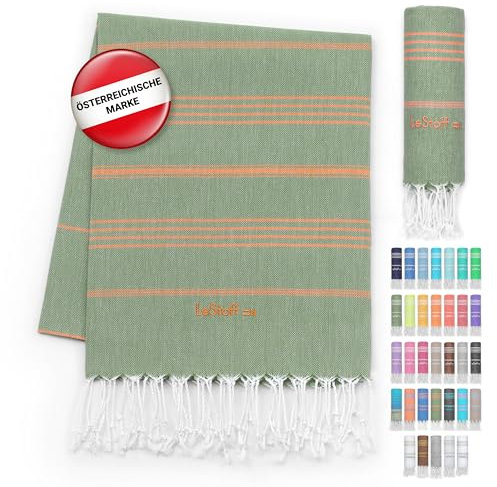 LeStoff Hamamtuch - 100% Bio-Baumwolle, 95 x 180 cm, Vorgewaschen, Saugstark, Schnelltrocknend, Leicht, Kompakt, Sporthandtuch, Fitness Handtuch, Yoga Handtuch, Handtuch groß (Olive - Orange)