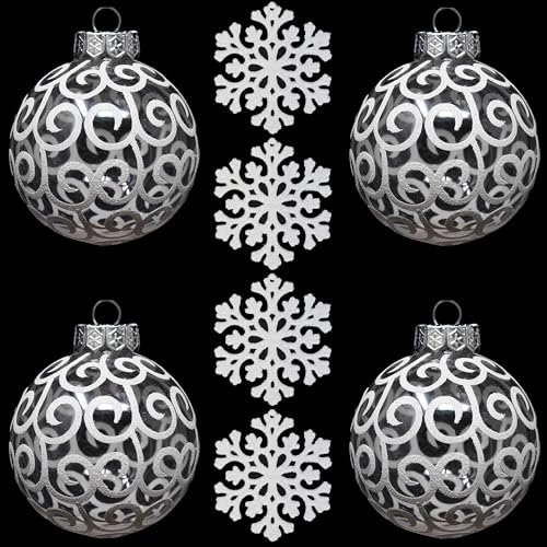 SLEETLY 8pk White Swirl Transparent Clear Baubles for Farmhouse Christmas Tree Holiday Xmas Decorations - Extra Large Shatterproof Plastic 120mm Balls and Snowflake Ornaments