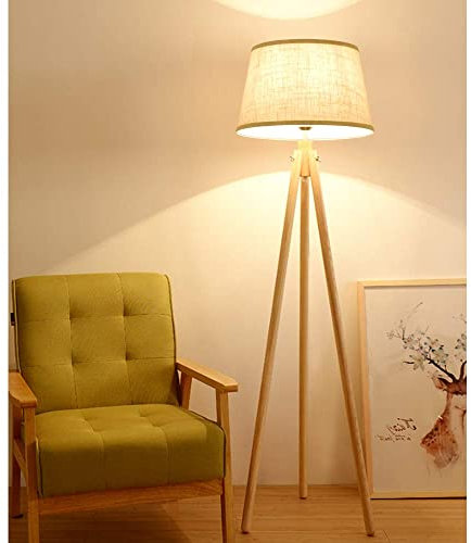 DLLT Led Skandinavisch Stehlampe aus Holz mit Fußschalter, 3000k Warmweiß mit E27-Glühbirne & Leinen Lampenschirm, Klassisch Standleuchte für Wohnzimmer, Schlafzimmer, Bettseite, Arbeitszimmer…