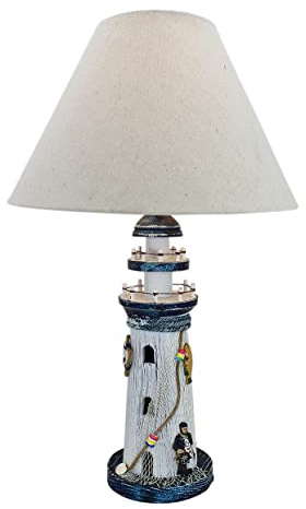 dekoundmeer Leuchtturm Lampe 50cm Holz Schirm Textil 30/12 cm weiss-blau | Holz, Textilschirm