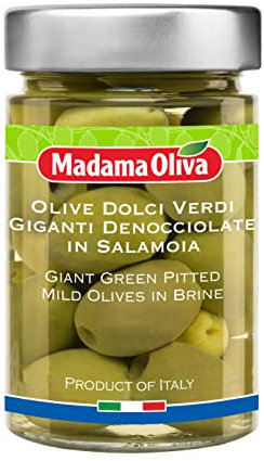 MADAMA OLIVA, Olive Verdi Dolci Denocciolate in Salamoia dal Colore Verde Intenso e dal Gusto Tipico, Senza Conservanti Aggiunti, 100% Vegetale, Vaso in Vetro da 300 gr