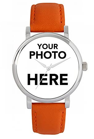 Toff London Personalisierte Fotogeschenke für Frauen, analoge Anzeige, japanische Uhr mit Quarzwerk und orangefarbenem Lederarmband, individuell gravierte Uhr