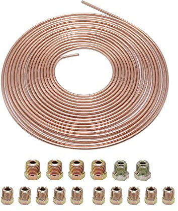 Hoypeyfiy Car Brake Pipe 32.8ft 3/16 Copper Coated Tubing Set Brake Lines Kit with16 Nut Fittings (10m)