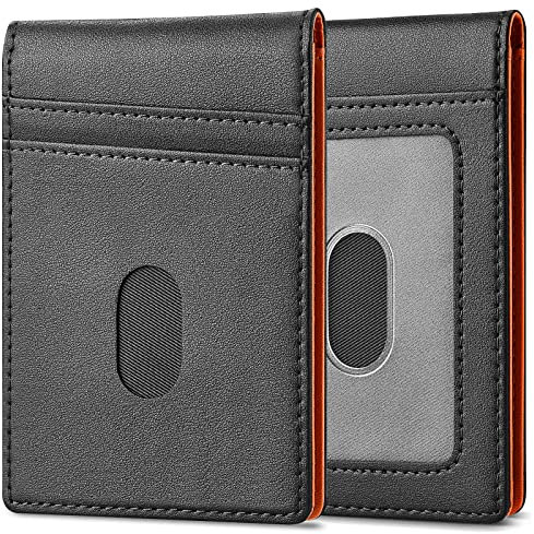 Vinanker Geldbörse für Herren, Premium-Mikrofaser-Leder, Bifold Herren-Geldbörse mit Ausweisfenster, RFID-blockierend, mit Geschenkbox, Klassisches Schwarz und Orange, Wallet, Minimalistisch