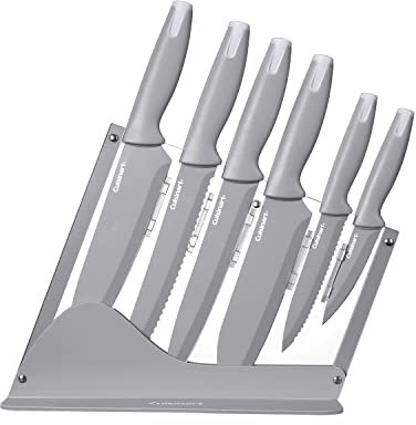 Cuisinart Juego de 7 cubiertos con revestimiento de cerámica con tapas en los extremos en soporte acrílico, color gris