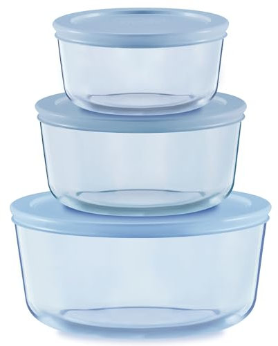 Pyrex Year of Color - Juego de 3 recipientes de vidrio tintado para almacenamiento de alimentos, (2, 4 y 7 tazas), recipientes para preparación de comidas con tapas sin BPA, aptos para lavavajillas y