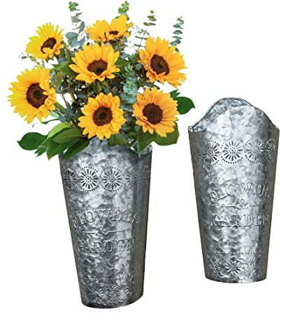 Lily's Home Set of 2 Rustic Farmhouse Galvanized Metal Wall Planters, with Floral Accents for Artificial Greenery or Real Flowers. Rustic Hanging Flower Holders Wall Decor