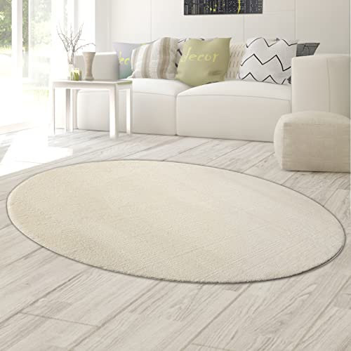 Teppich Wohnzimmer weich Flokati Badezimmer waschbar in Creme, 140x200 cm Oval
