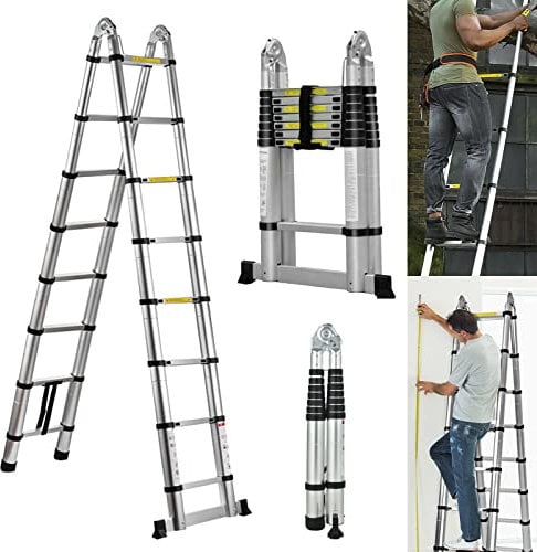 5M Telescopic Straight Ladder A-Frame Sturdy Aluminum Folding Ladder 16.5ft 2-IN-1 Extension Ladder with Support Bar 330lb Max Load for Household Outdoor Work