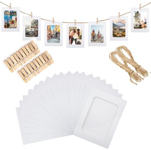 G2PLUS Papier Fotogirlande mit 20 Stück Rahmen, 11.5x15.5cm Weiß Papier Fotorahmen, DIY Karton Bilderrahmen mit olzklammern & Hanfseil, Hängende Karton Albumrahmen für Dekoration