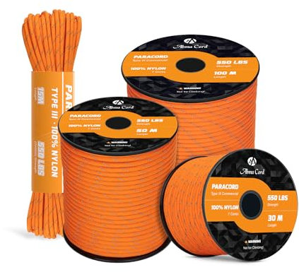 Abma Cord Paracord 550 4mm 100M 100% Nylon Seil Typ III Schnur mit 7 Kern für Basteln, Camping, Survival, Outdoor - Max. 250kg (550lbs) - Reflektierend Orange