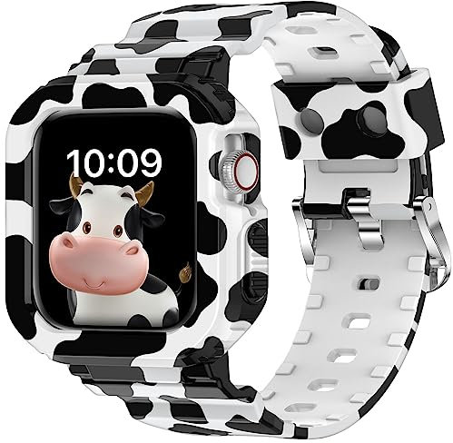 XYF Kompatibel mit kristallklaren Apple-Watch-Armbändern, 45 mm, 44 mm, 42 mm, für Damen und Herren, Jelly-Sportarmband, für iWatch Ultra 2/1, Serie 10, 9, 8, 7, SE, 6, 5, 4, 3, 2, 1 (weiße Kuh,