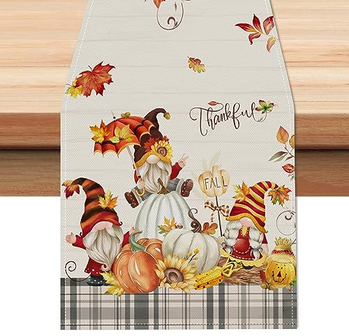 Bonhause Tischläufer Kürbisse Gnomes Herbst Tischläufer Ahornblätter Erntedankfest Küche Esstisch Dekoration für Drinnen Draußen Urlaub Party Waschbar Wohnkultur Tafeltuch (33 x 183 cm)