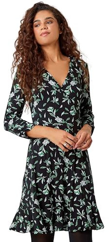 Roman Originals Wrap Tea Dress for Women UK Ladies Fit Flare Skater Swing Stretch Frill Long & Short Sleeve Evening Cocktail Party Work Office Smart Casual Knee Length - Black Green - Size 12
