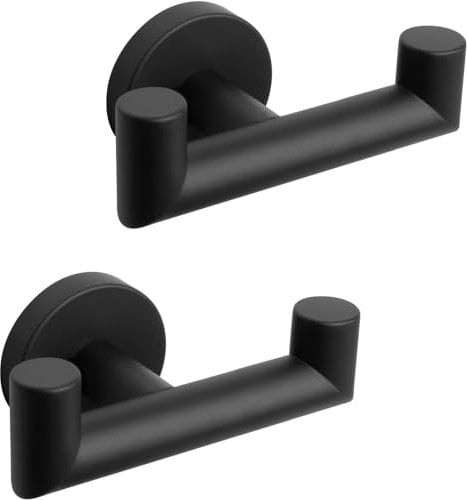 QNIIAED 2 Pcs Double Door Hooks,Bathroom Towel Hooks Screw in SUS 304 Stainless Steel Heavy Duty Robe Coat Hooks Wall Mounted for Bedroom or Kitchen(Matte Black)