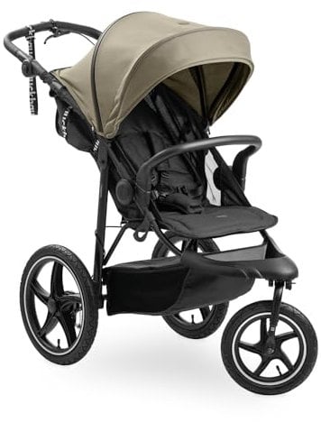 hauck Runner 3, Olive - Robust All Terrain Pushchair with Handbrake, XL Sun Hood, Cup Holder, Raincover, XL Air Wheels, Reclining Backrest from Birth up to 22 kg, Adjustable Handle, XL Mesh Window