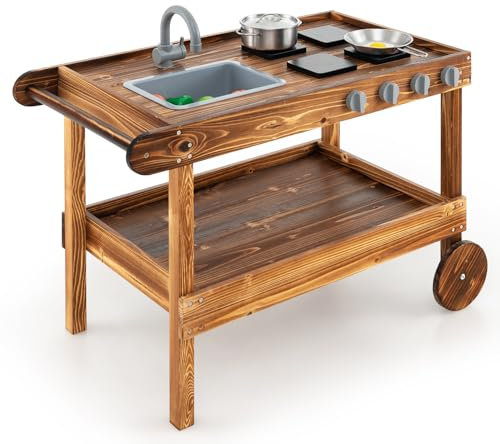 HOMASIS Cocina de Juguete para niños con Ruedas de Madera de Abeto, Carrito de Cocina Exterior para niños con Fregadero/Plato/Cacerola, Regalo para niños a Partir de 3 años, 79 x 42 x 70 cm, marrón