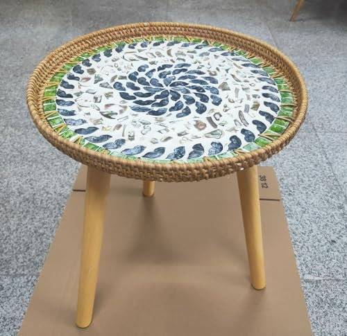 LANYANZI Runder kleiner Beistelltisch, Nachttisch, Couchtisch für Wohnzimmer, ländlicher Retro-Stil, Rattanrebe + Muscheldekoration, geeignet für Wohnzimmer, Schlafzimmer, Büro, Balkon, Nachttisch