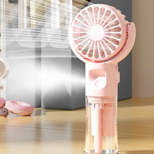 Tragbarer Handventilator mit Wassernebel-Spray, wiederaufladbarer Mini-Handventilator, 4 Geschwindigkeiten, USB-Wassernebelventilator, batteriebetriebener Kühlnebelventilator (Rosa)