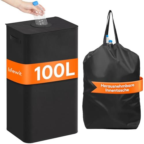 Lifewit contenedor de 100L para recogida de botellas con tapa, almacenamiento de botellas vacías y vidrio, colector de botellas con agujero, bolsa para cocina o sala de almacenamiento, Negro