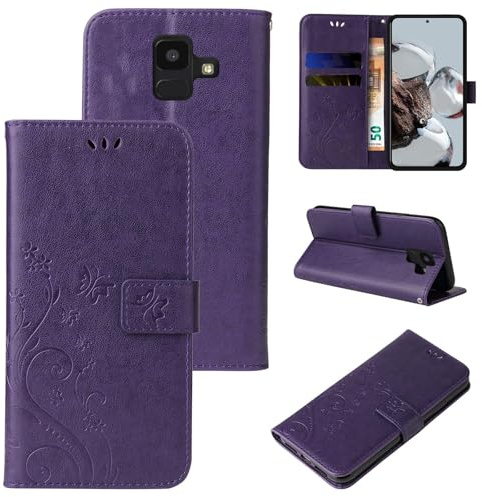 LBH Handy Hülle für Samsung Galaxy A6 (2018) Case Handytasche Schmetterling Blumen Flower Standfunktion Schutzhülle Magnet Rundum Schutz 360 Grad Flipcase Cover Violett